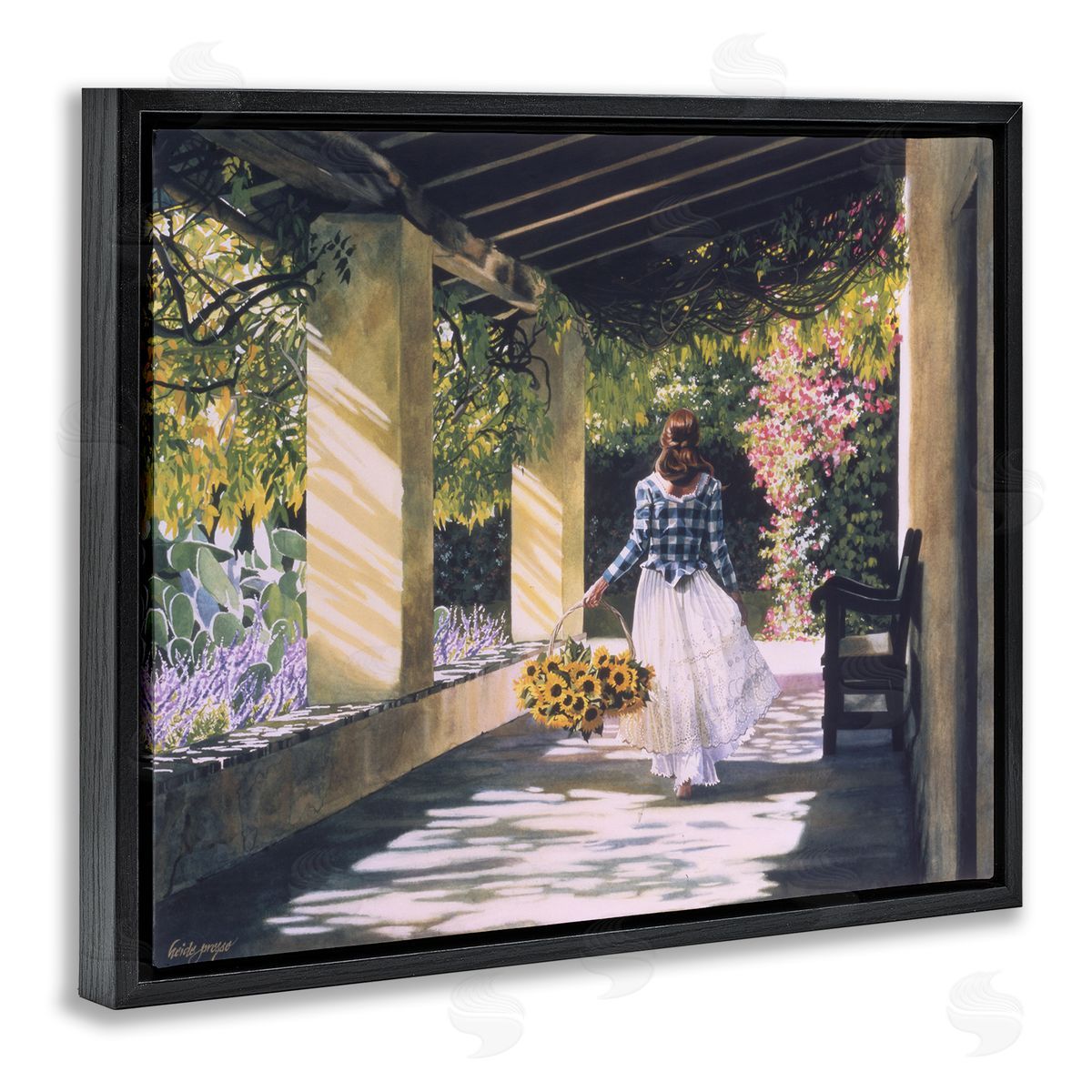 Heide Presse Girl with Sunflower Basket Black Floater Frame Canvas Art