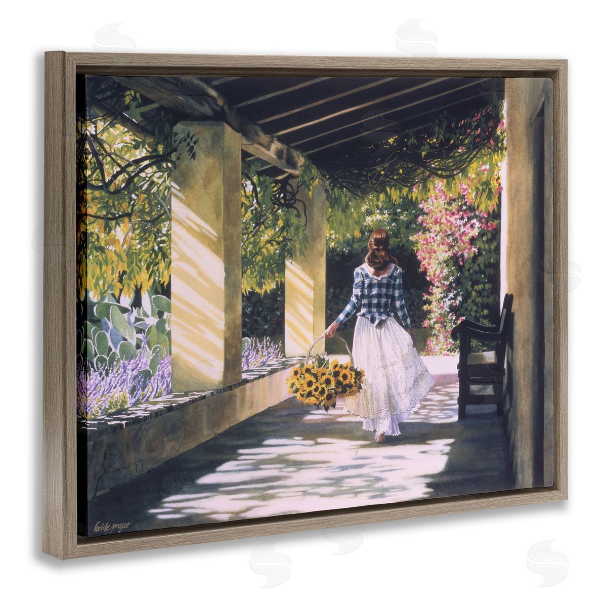Heide Presse Girl with Sunflower Basket Brown Floater Frame Canvas Art