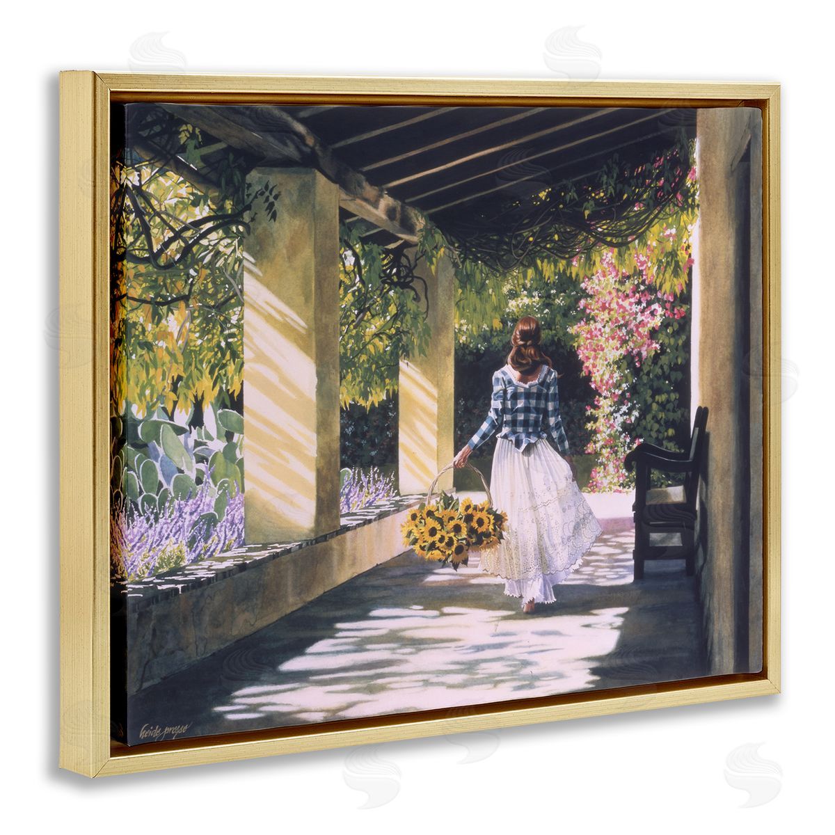 Heide Presse Girl with Sunflower Basket Gold Floater Frame Canvas Art