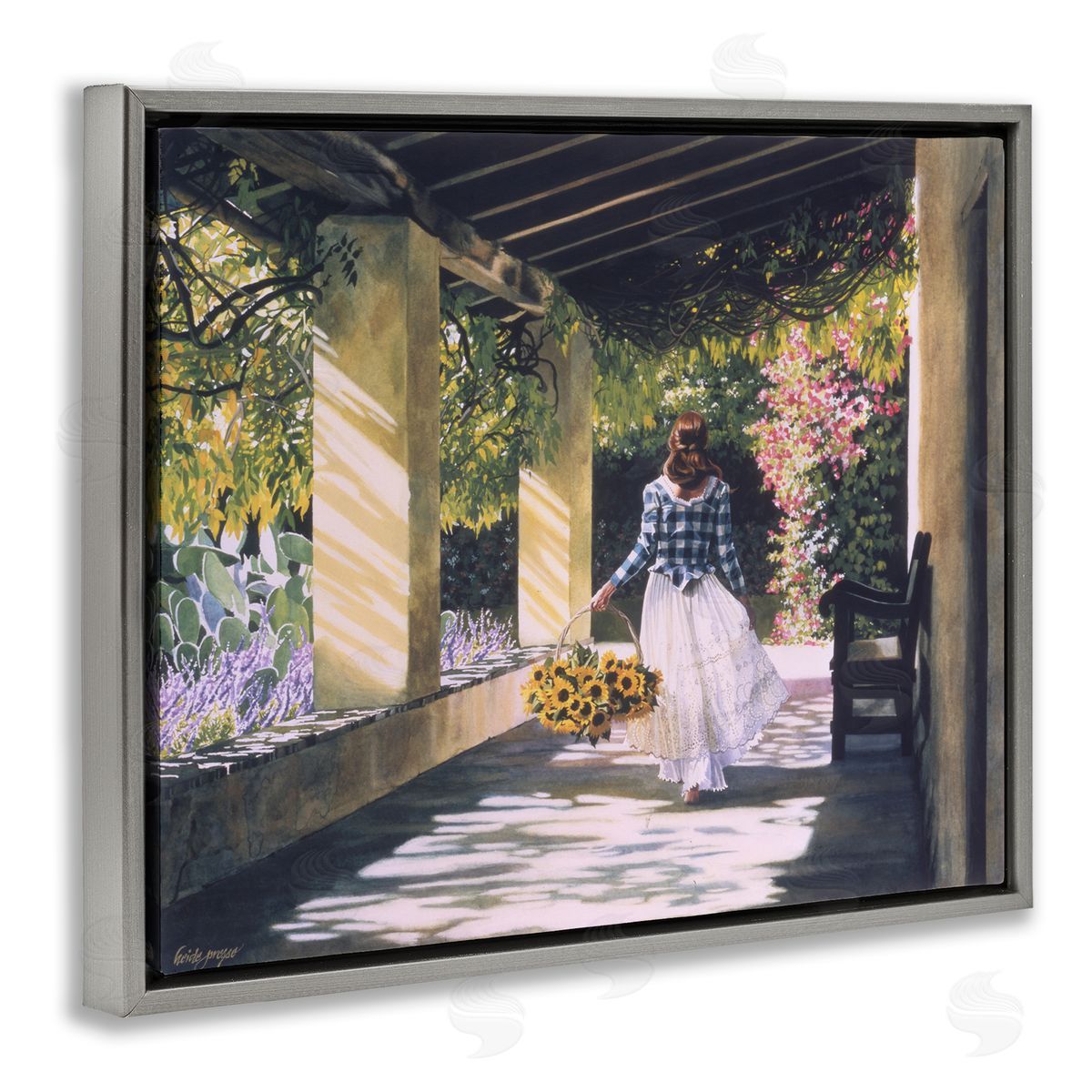 Heide Presse Girl with Sunflower Basket Gray Floater Frame Canvas Art
