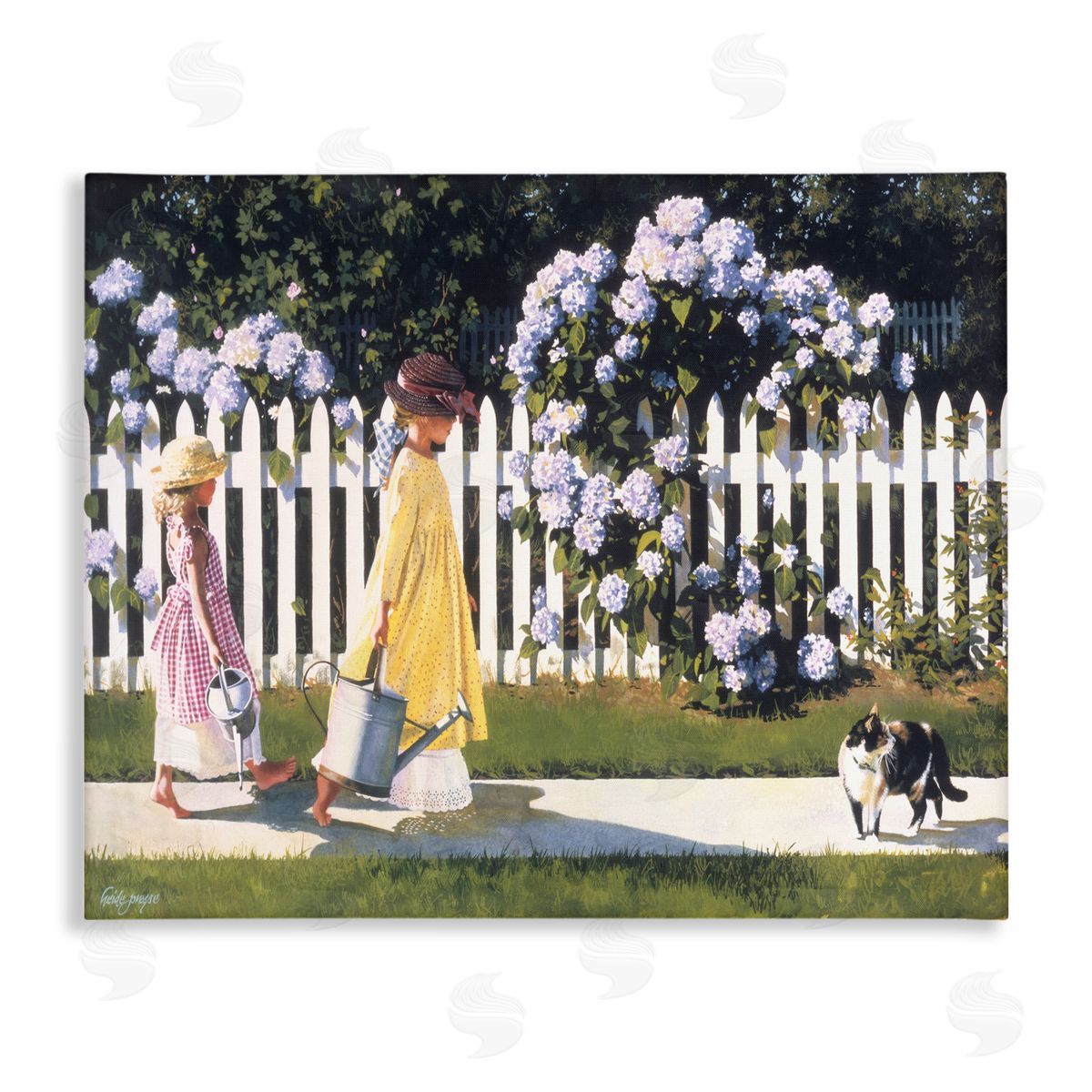 Heide Presse Girls Gardening Picket Fence Canvas Wall Art