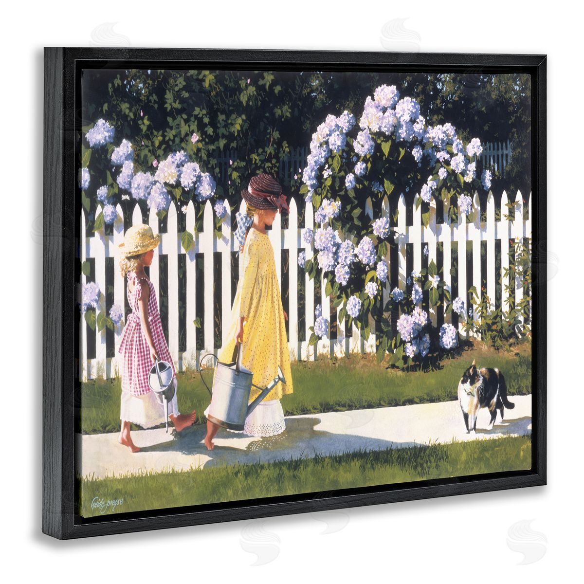 Heide Presse Girls Gardening Picket Fence Black Floater Frame Canvas Art
