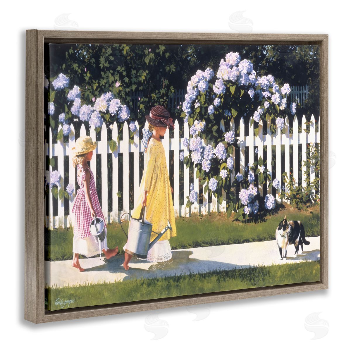 Heide Presse Girls Gardening Picket Fence Brown Floater Frame Canvas Art