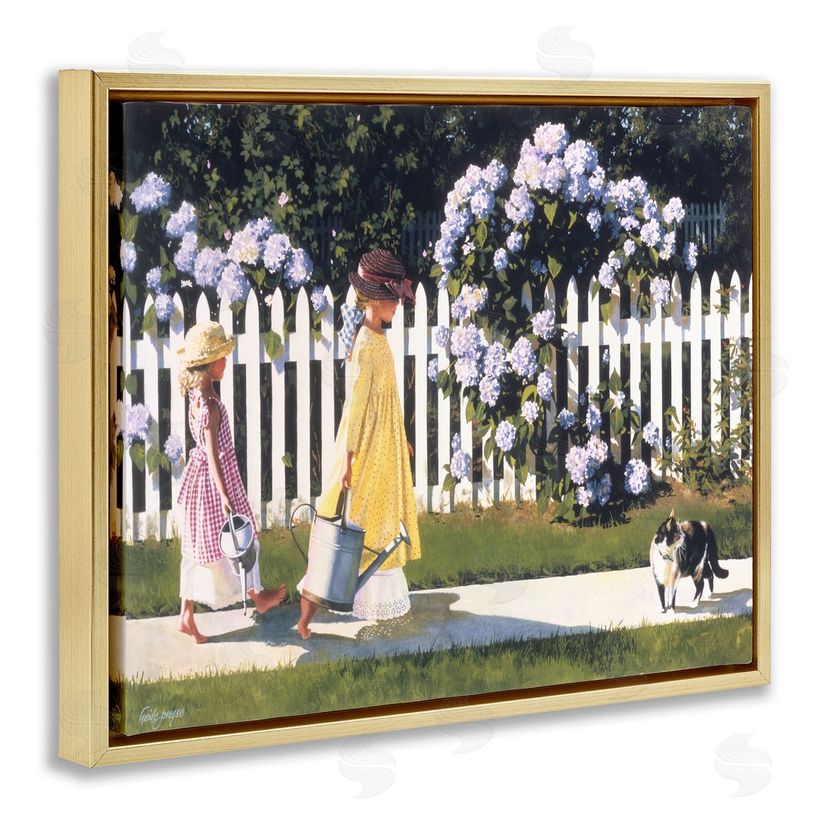 Heide Presse Girls Gardening Picket Fence Gold Floater Frame Canvas Art