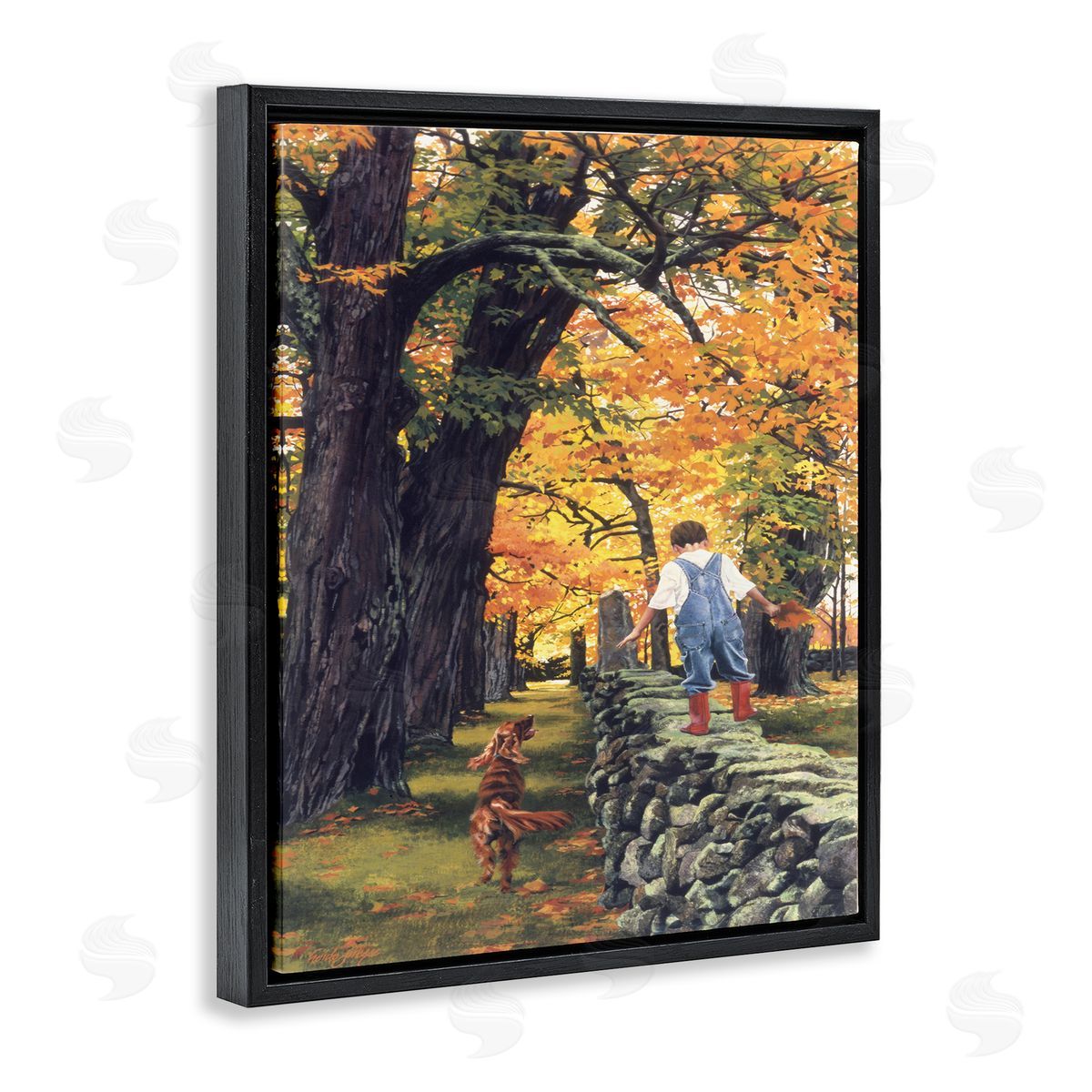 Heide Presse Boy on Wall with Dog Black Floater Frame Canvas Art