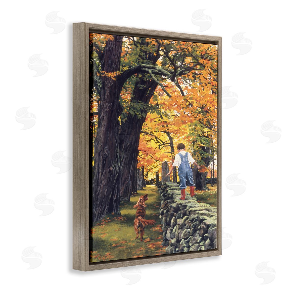 Heide Presse Boy on Wall with Dog Brown Floater Frame Canvas Art