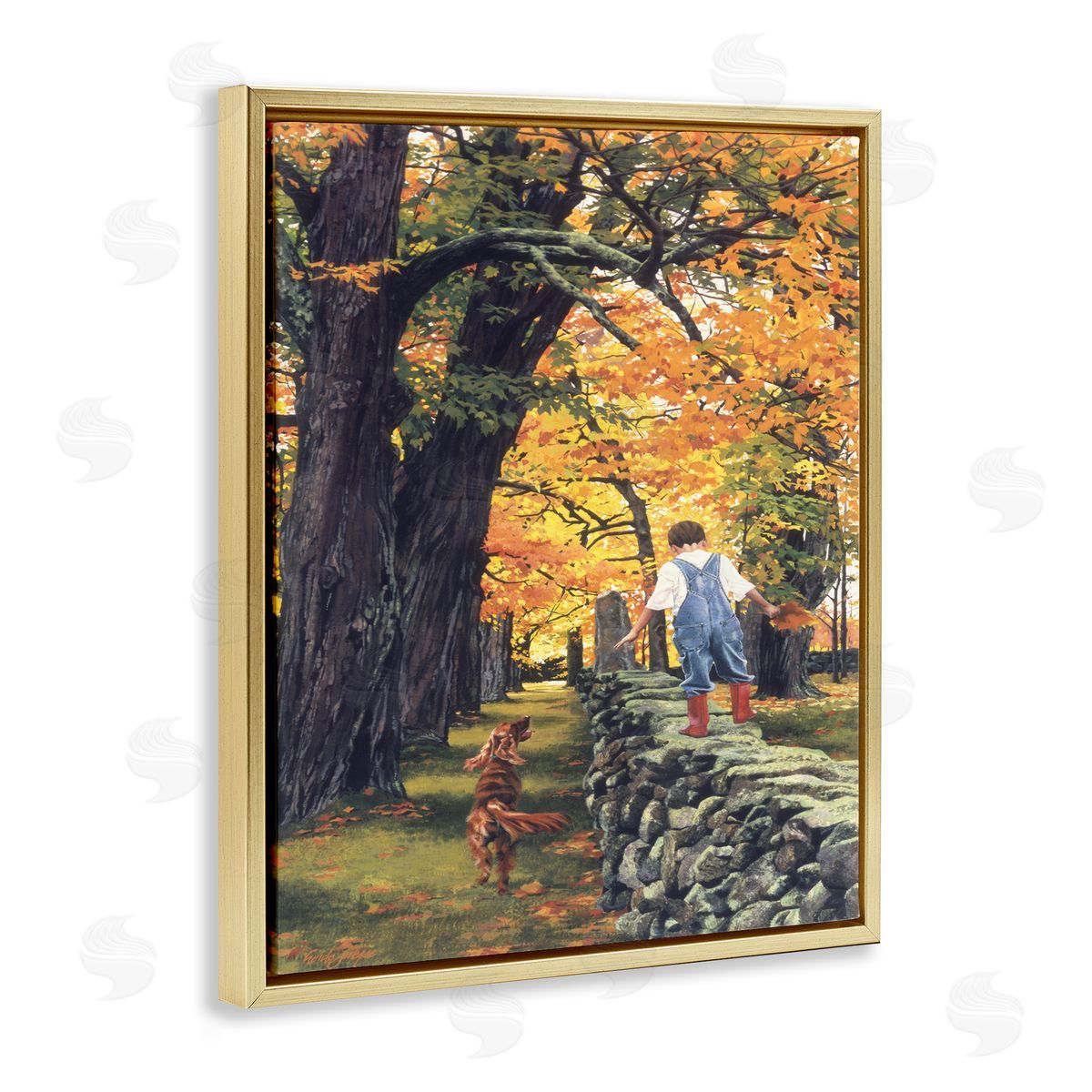 Heide Presse Boy on Wall with Dog Gold Floater Frame Canvas Art