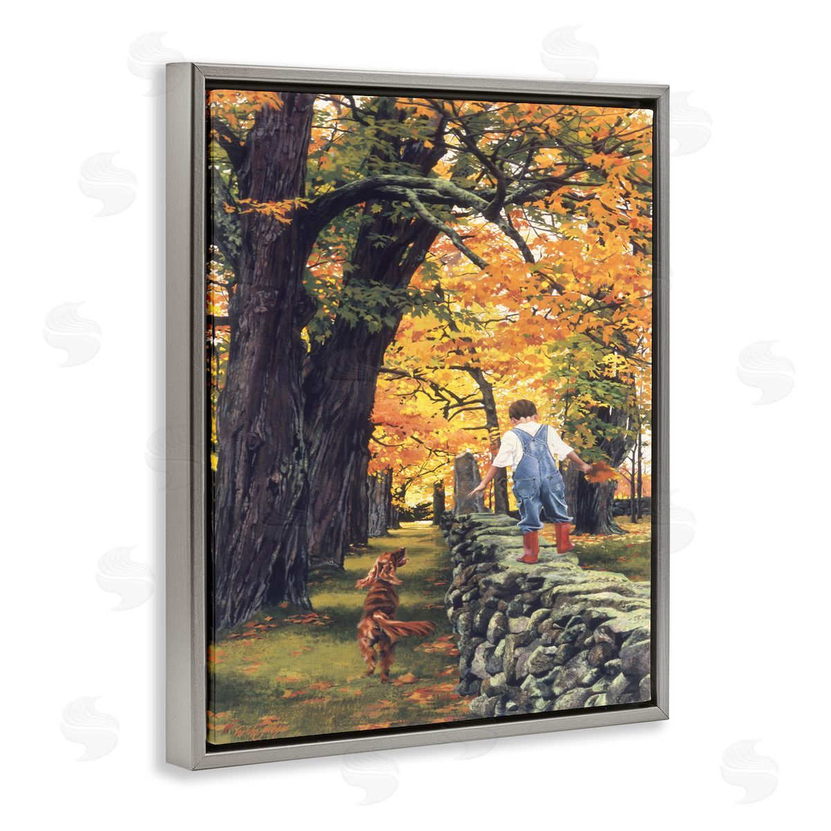 Heide Presse Boy on Wall with Dog Gray Floater Frame Canvas Art