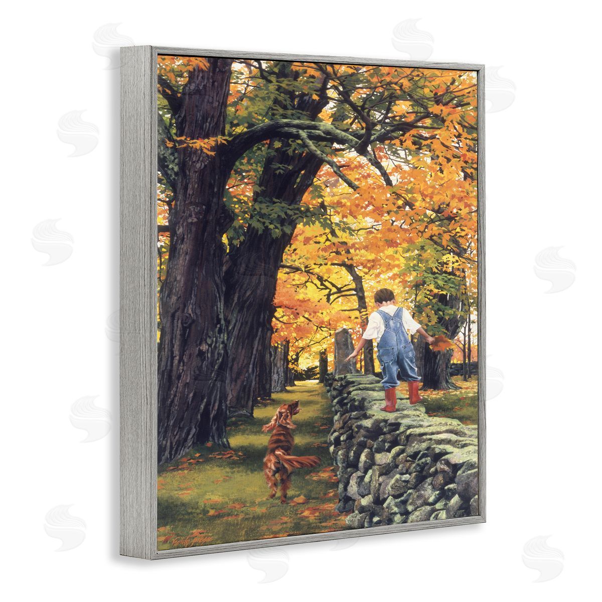 Heide Presse Boy on Wall with Dog Gray Framed Giclee Wall Art