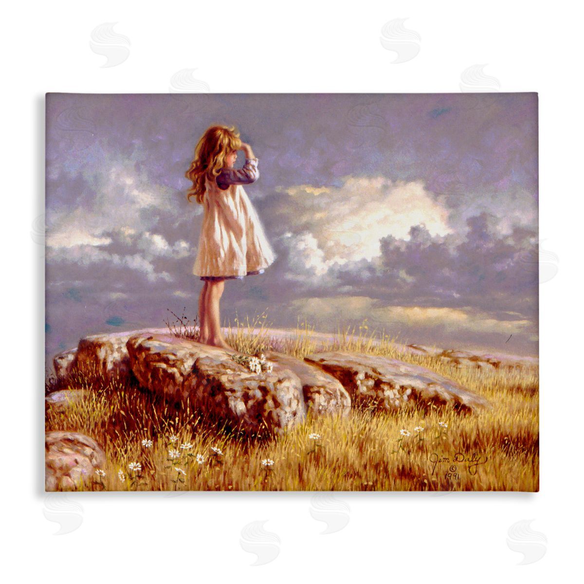 Jim Daly Girl Gazing on Rock Sunset Canvas Wall Art