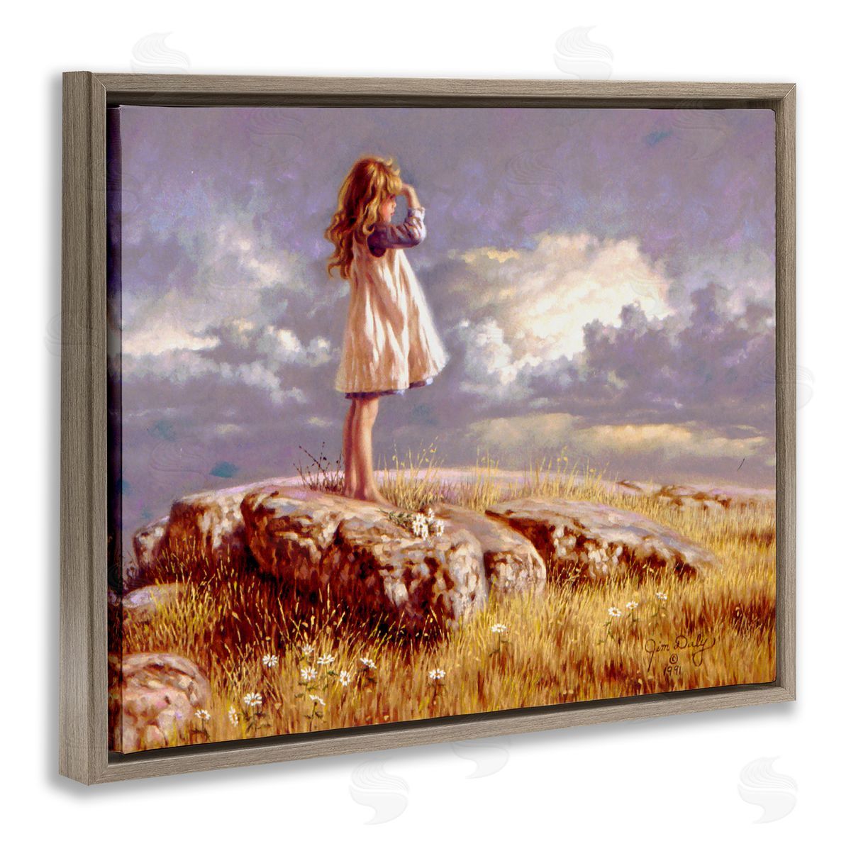Jim Daly Girl Gazing on Rock Sunset Brown Floater Frame Canvas Art