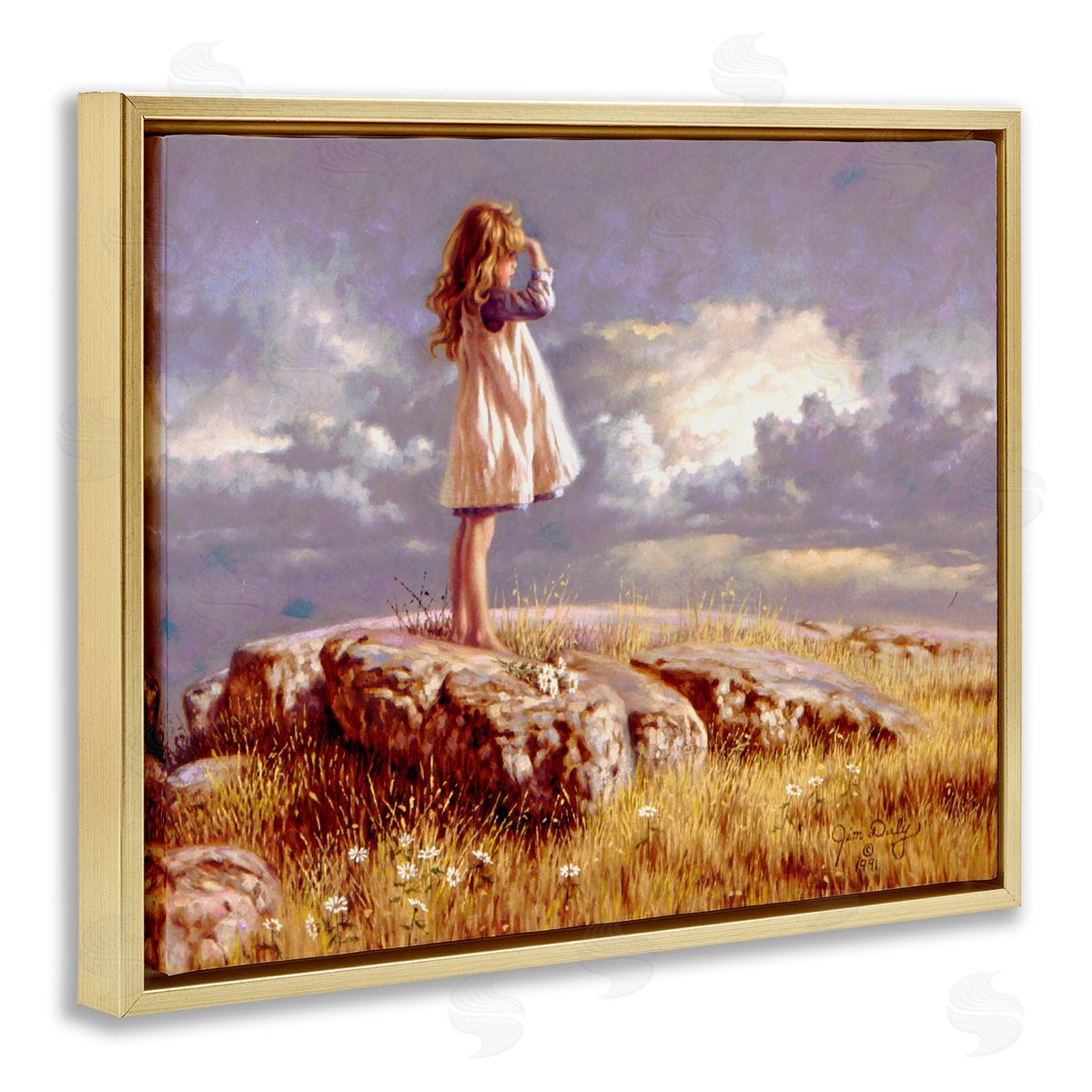 Jim Daly Girl Gazing on Rock Sunset Gold Floater Frame Canvas Art