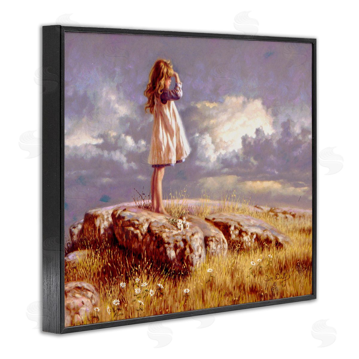 Jim Daly Girl Gazing on Rock Sunset Black Framed Giclee Wall Art