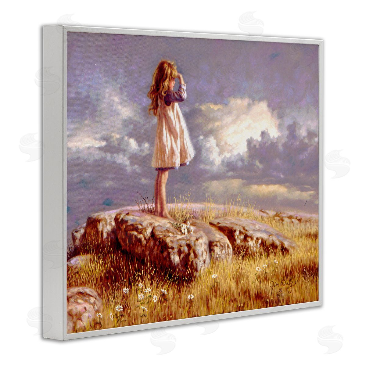 Jim Daly Girl Gazing on Rock Sunset White Framed Giclee Wall Art
