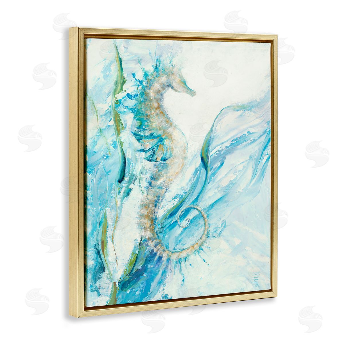 Dina D'Argo Nautical Seahorse Blue Ocean Gold Floater Frame Canvas Art