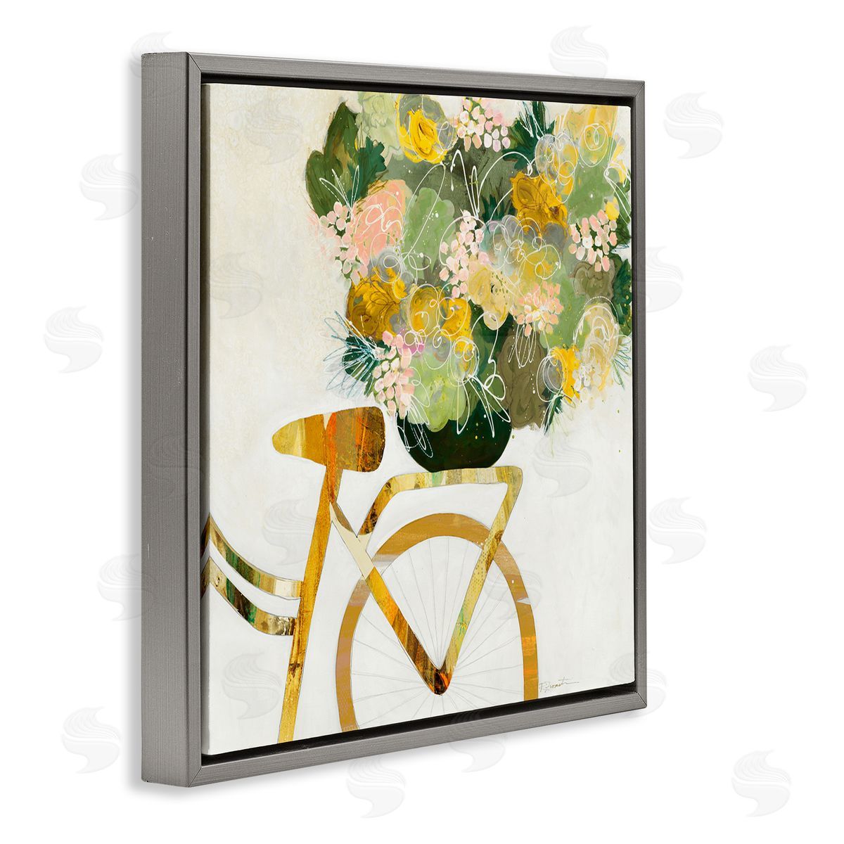Ruth Fromstein Yellow Floral Bouquet on Bicycle Gray Floater Frame Canvas Art