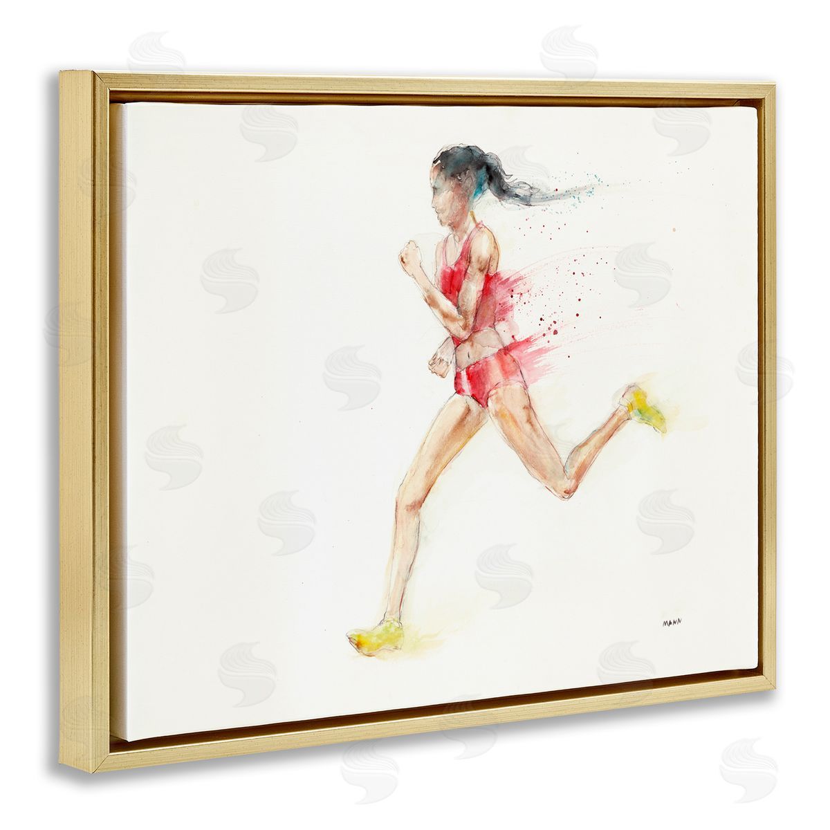 Patti Mann Watercolor Athlete Female Runner Gold Floater Frame Canvas Art