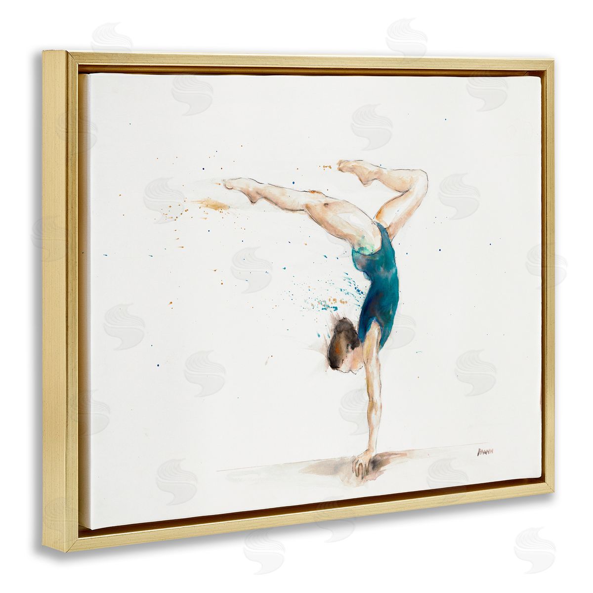 Patti Mann Watercolor Female Gymnast Handstand Pose Gold Floater Frame Canvas Art