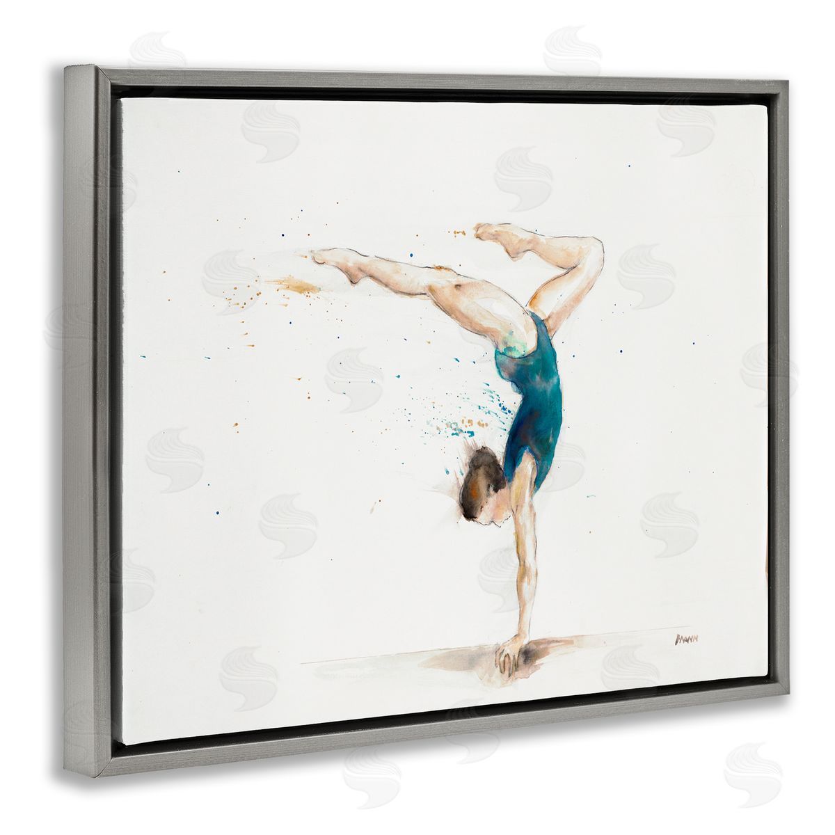 Patti Mann Watercolor Female Gymnast Handstand Pose Gray Floater Frame Canvas Art