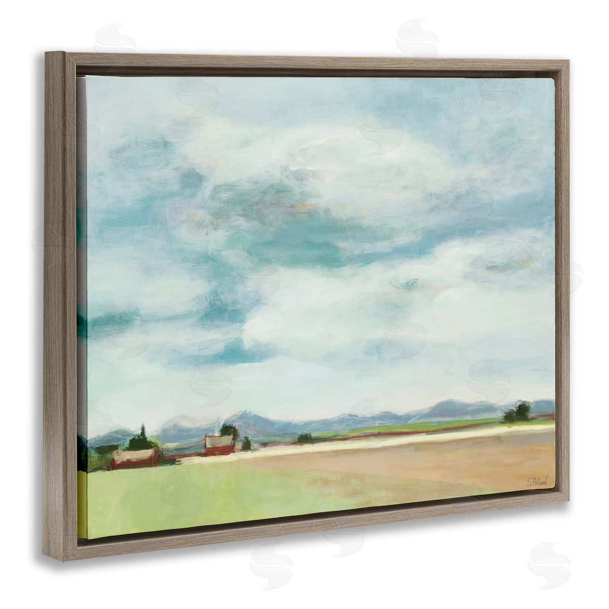 Stacey Pollard Red Barn Landscape Blue Sky Brown Floater Frame Canvas Art
