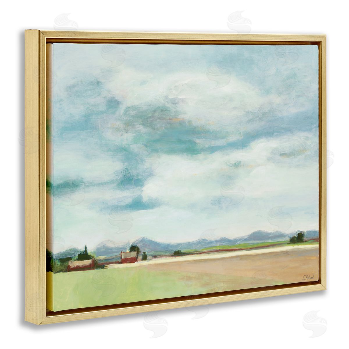 Stacey Pollard Red Barn Landscape Blue Sky Gold Floater Frame Canvas Art
