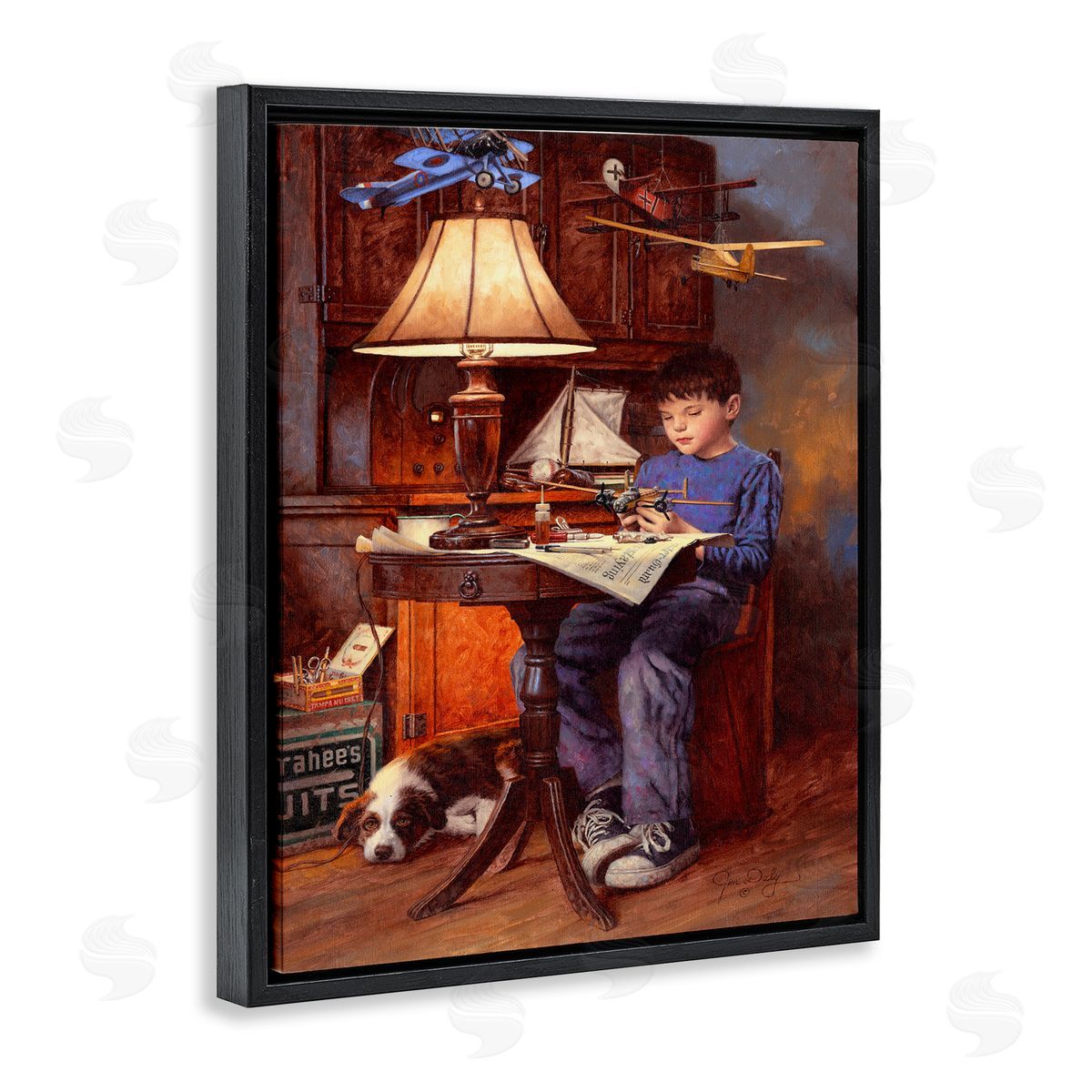 Jim Daly Boy with Model Airplanes Black Floater Frame Canvas Art