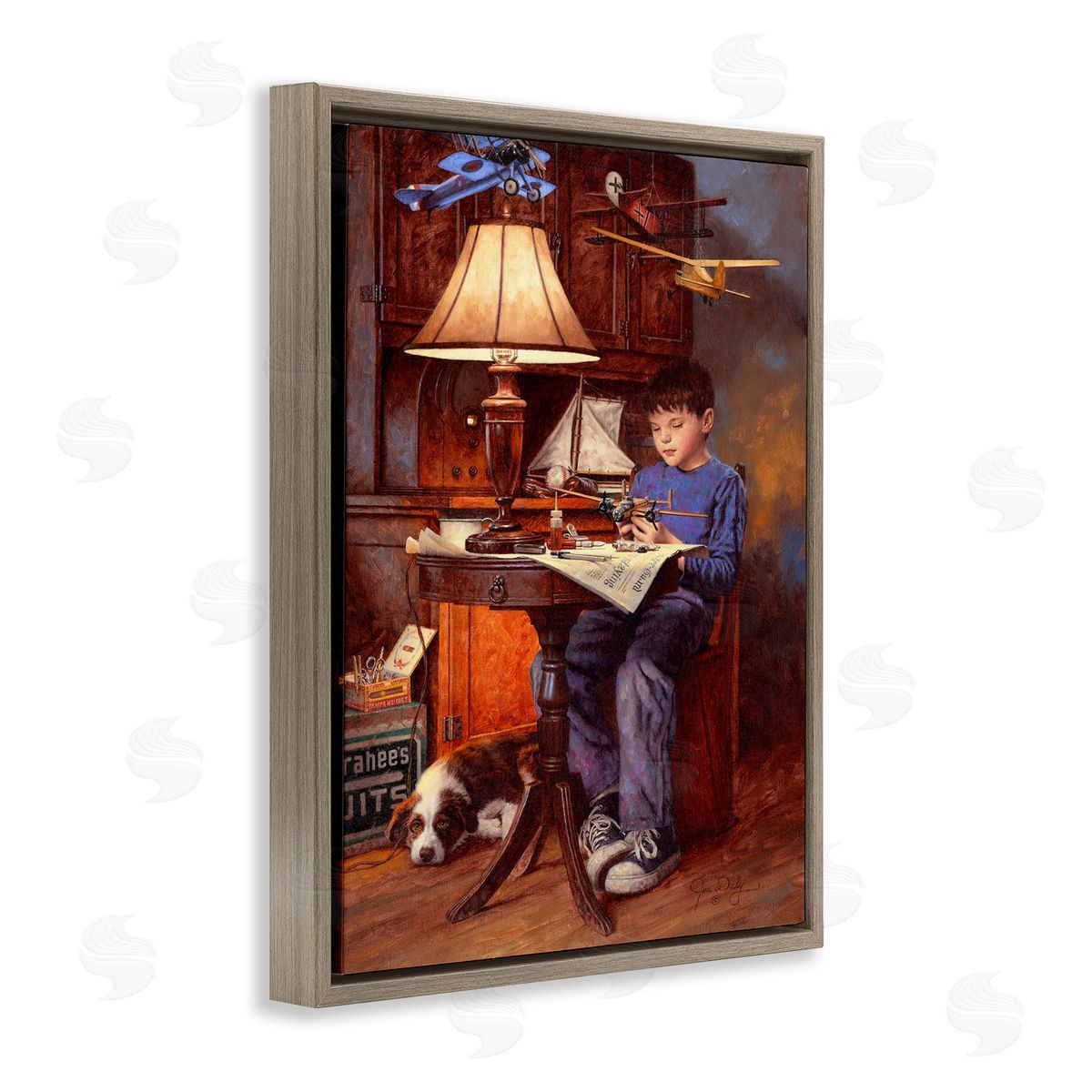 Jim Daly Boy with Model Airplanes Brown Floater Frame Canvas Art