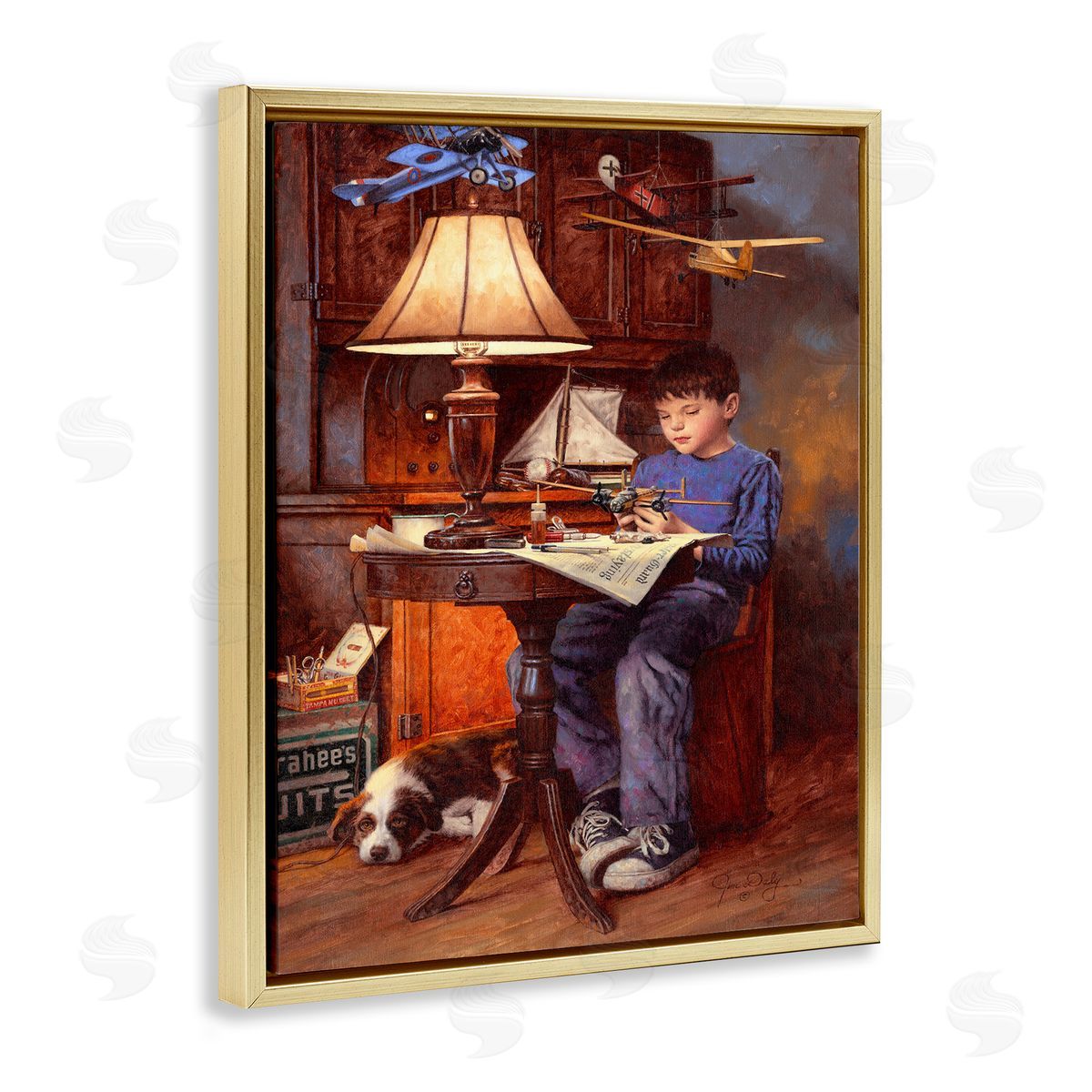 Jim Daly Boy with Model Airplanes Gold Floater Frame Canvas Art