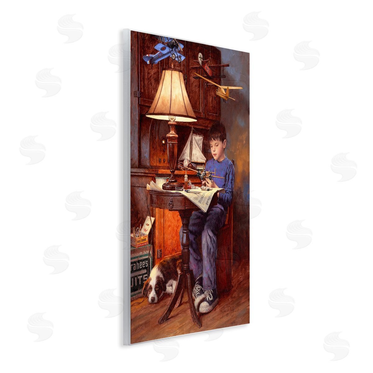 Jim Daly Boy with Model Airplanes Wall Plaque Art
