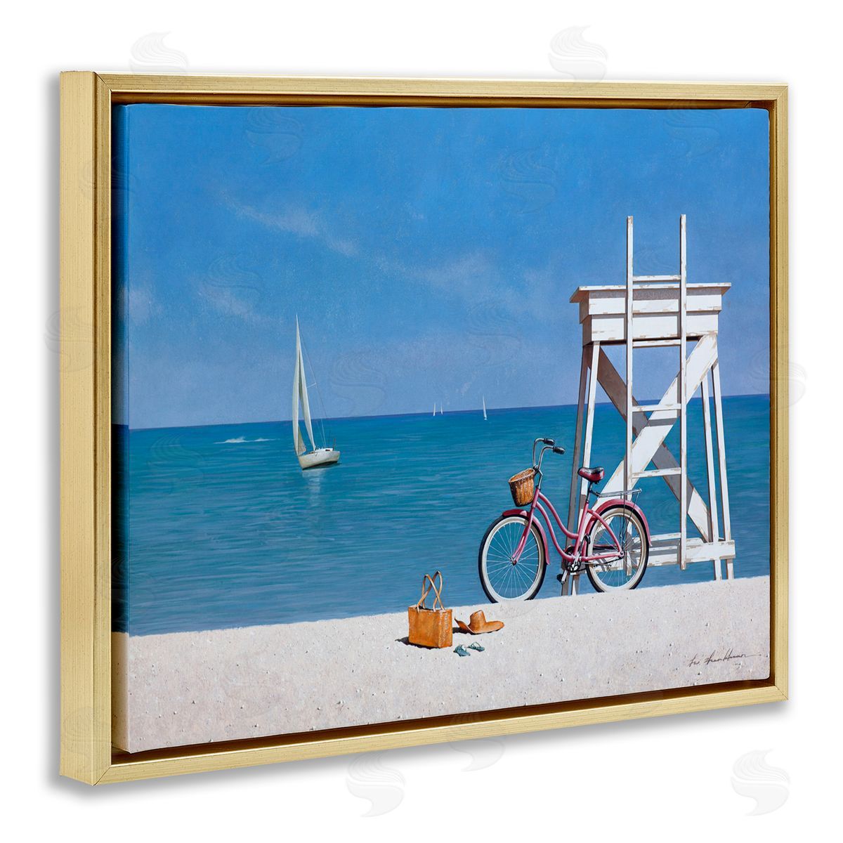 Zhen-Huan Lu Pink Bicycle Beach Lifeguard Stand Gold Floater Frame Canvas Art