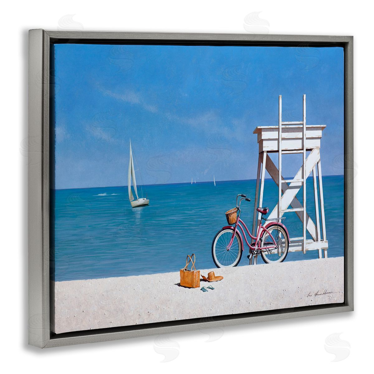Zhen-Huan Lu Pink Bicycle Beach Lifeguard Stand Gray Floater Frame Canvas Art