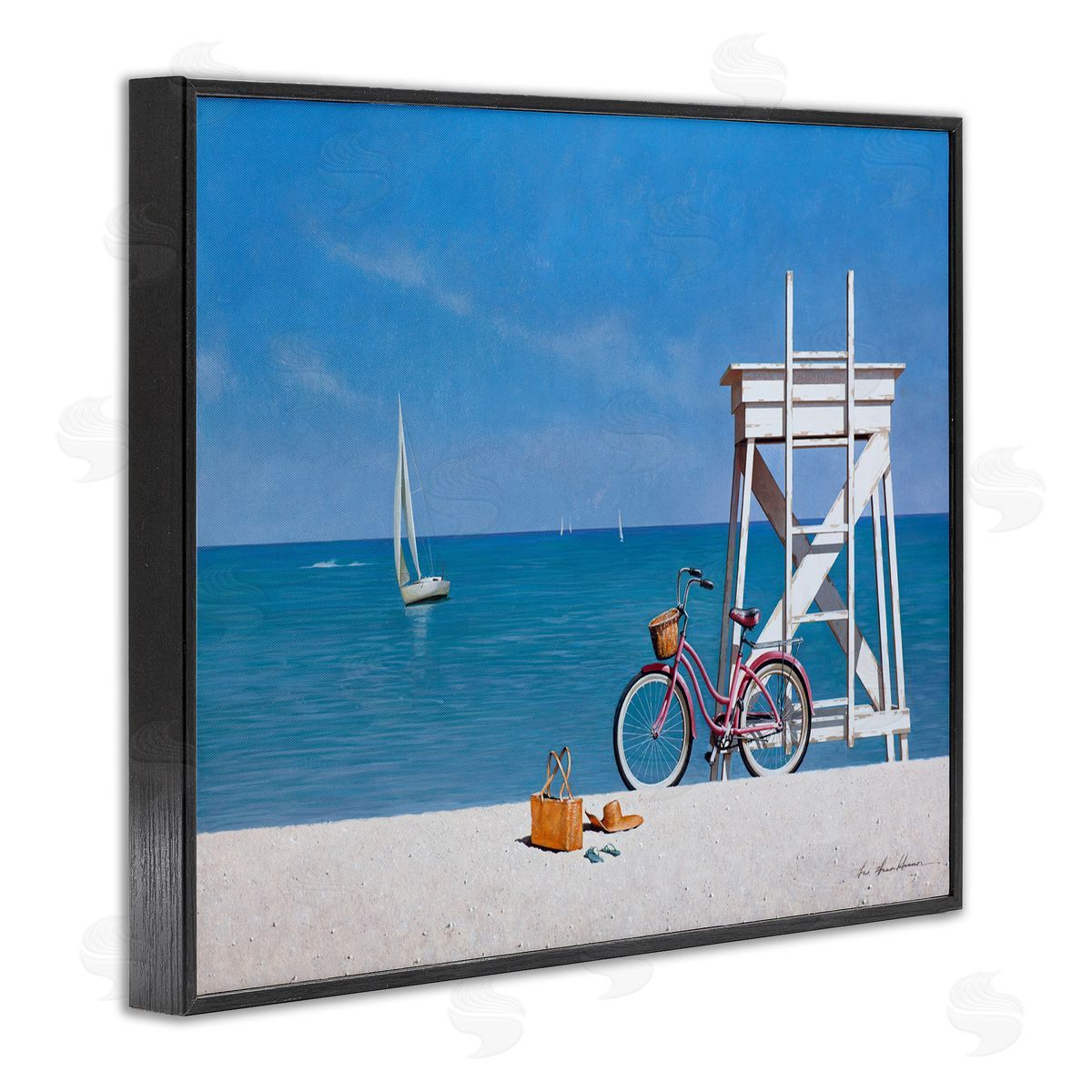 Zhen-Huan Lu Pink Bicycle Beach Lifeguard Stand Black Framed Giclee Wall Art