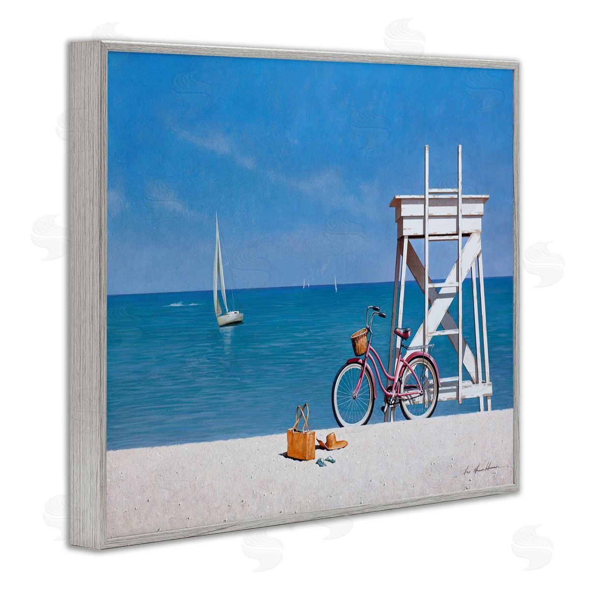 Zhen-Huan Lu Pink Bicycle Beach Lifeguard Stand Gray Framed Giclee Wall Art