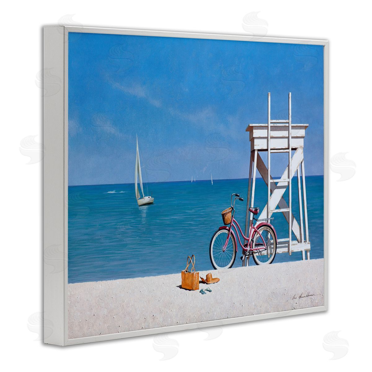 Zhen-Huan Lu Pink Bicycle Beach Lifeguard Stand White Framed Giclee Wall Art