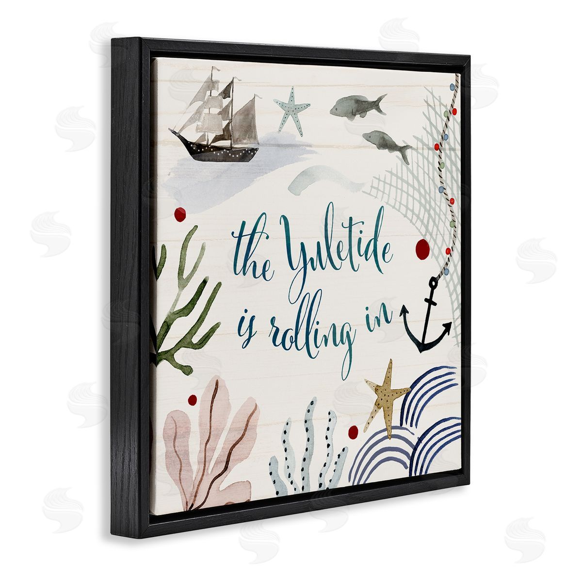Nautical Yuletide Christmas Phrase Black Floating Frame Canvas Wall Art, Home Decor by Victoria Barnes