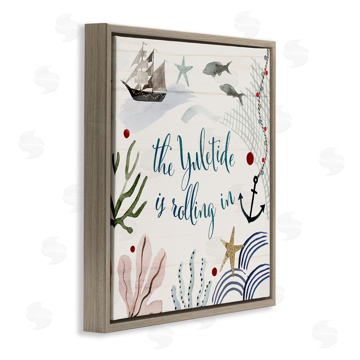 Nautical Yuletide Christmas Phrase Brown Floating Frame Canvas Wall Art, Home Decor by Victoria Barnes