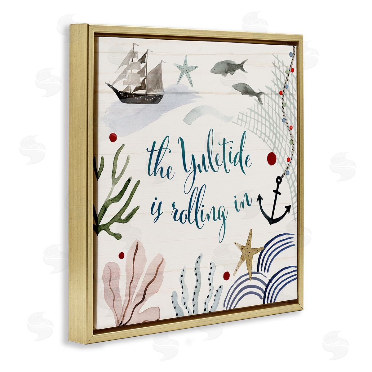 Nautical Yuletide Christmas Phrase Gold Floating Frame Canvas Wall Art, Home Decor by Victoria Barnes
