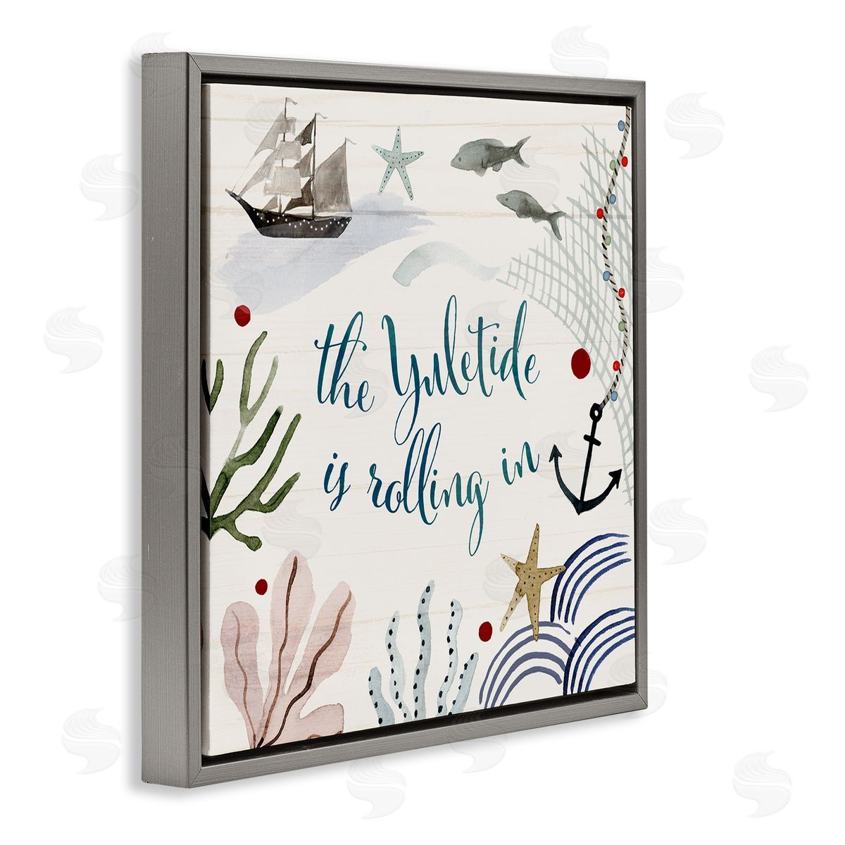 Nautical Yuletide Christmas Phrase Grey Floating Frame Canvas Wall Art, Home Decor by Victoria Barnes