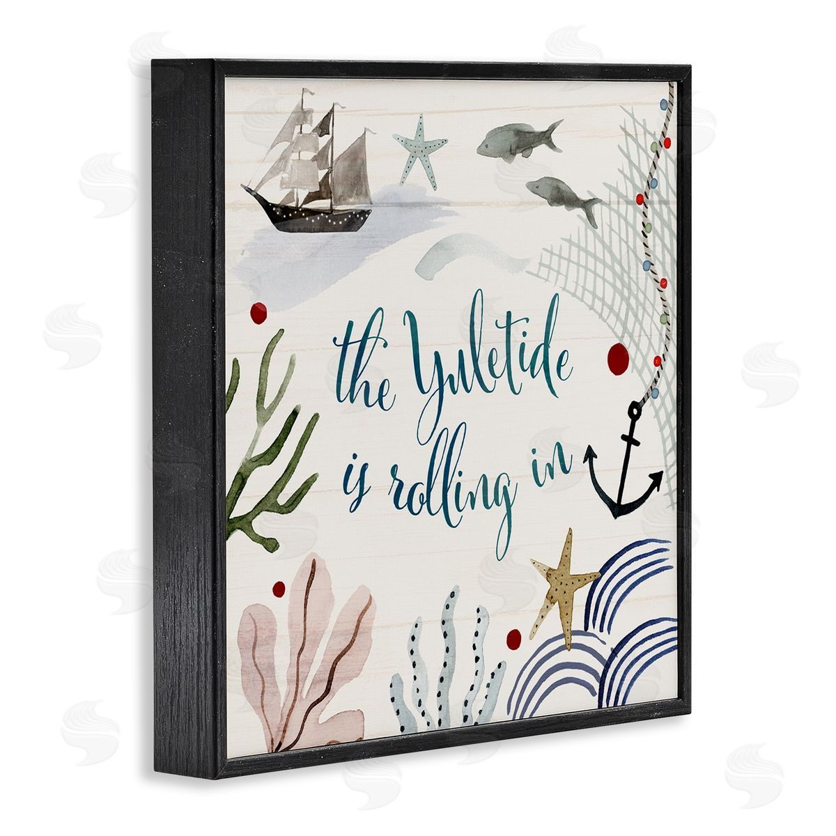 Nautical Yuletide Christmas Phrase Black Frame Print Wall Art, Home Decor by Victoria Barnes