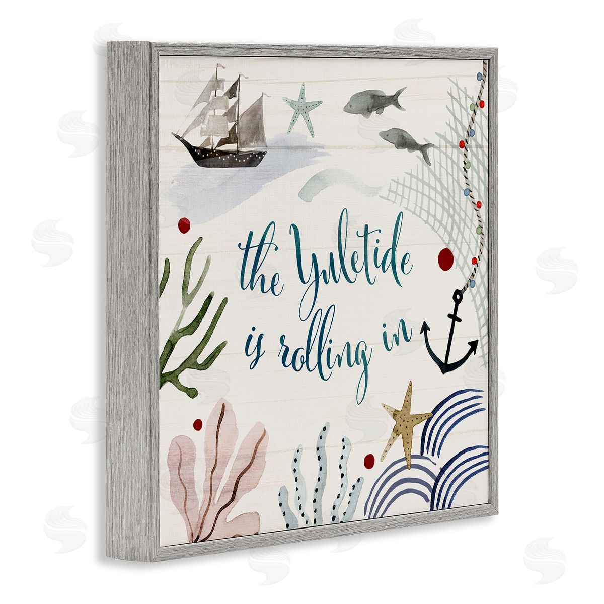 Nautical Yuletide Christmas Phrase Grey Frame Print Wall Art, Home Decor by Victoria Barnes