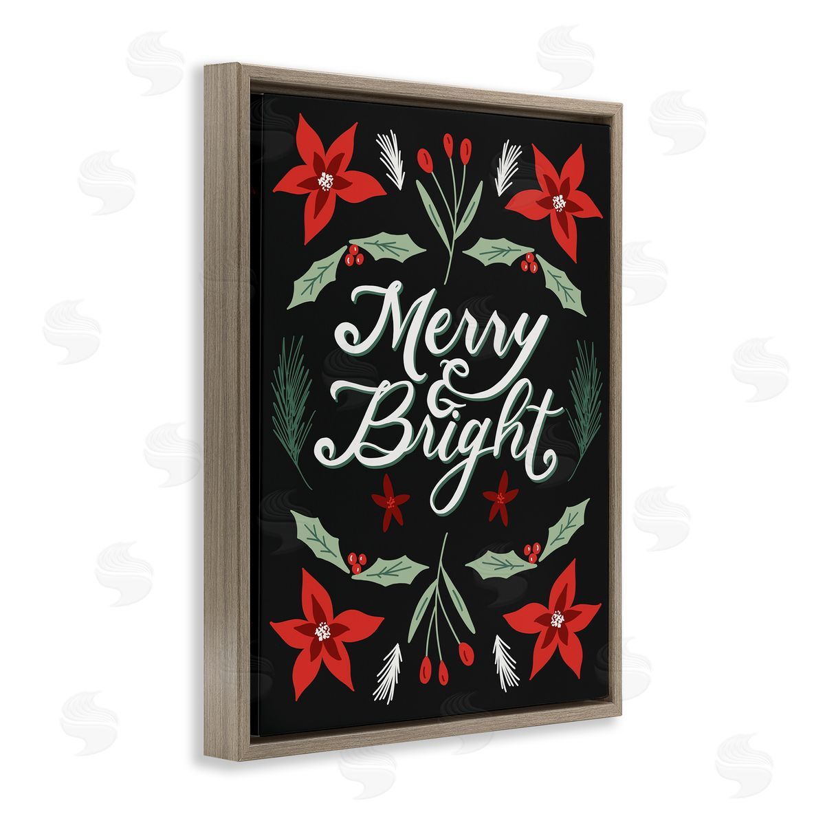 Amanda Houston Merry and Bright Christmas Poinsettia Brown Floater Frame Canvas Art
