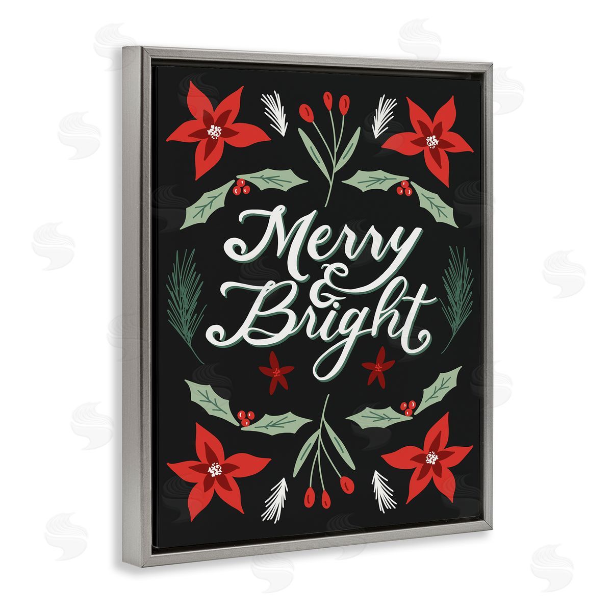 Amanda Houston Merry and Bright Christmas Poinsettia Gray Floater Frame Canvas Art