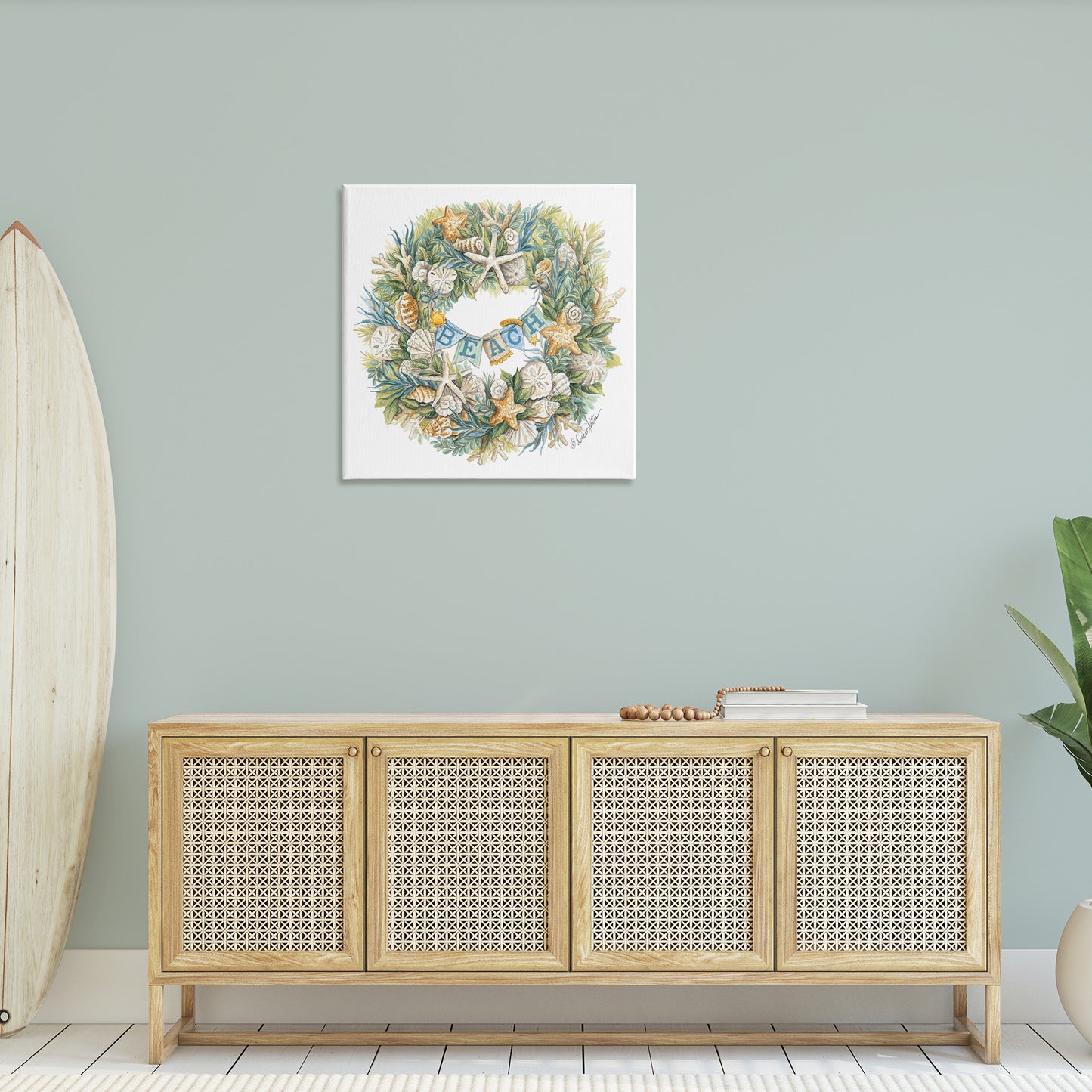 Holiday Beach Seashell Wreath Canvas Wall Art in Room, Home Decor by Diane Kater