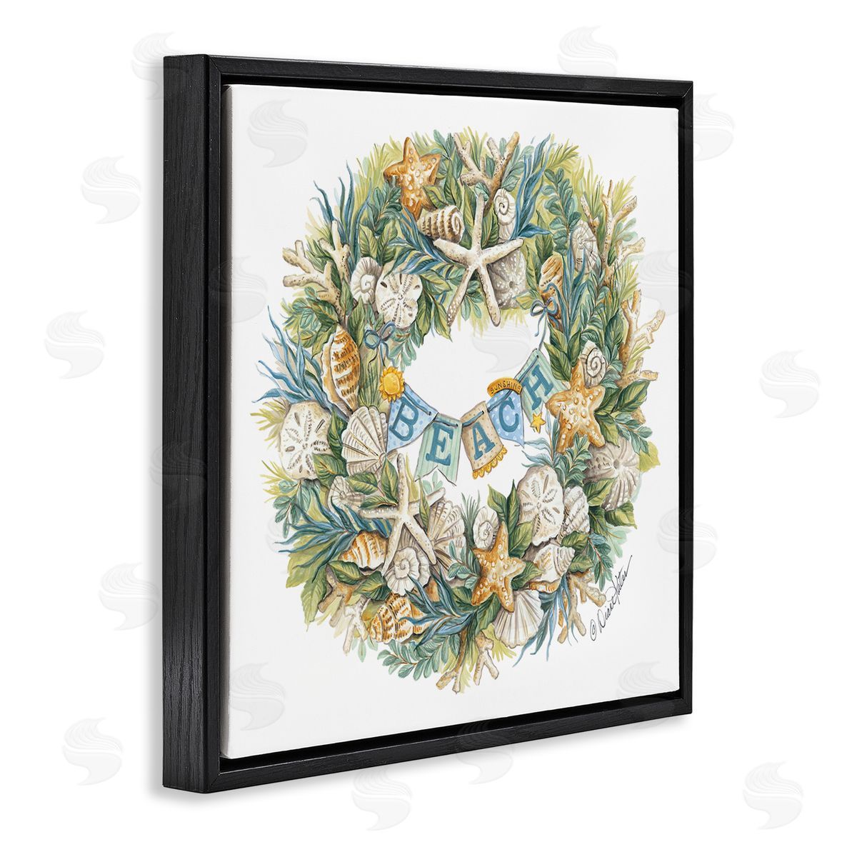 Holiday Beach Seashell Wreath Black Floating Frame Canvas Wall Art, Home Decor by Diane Kater