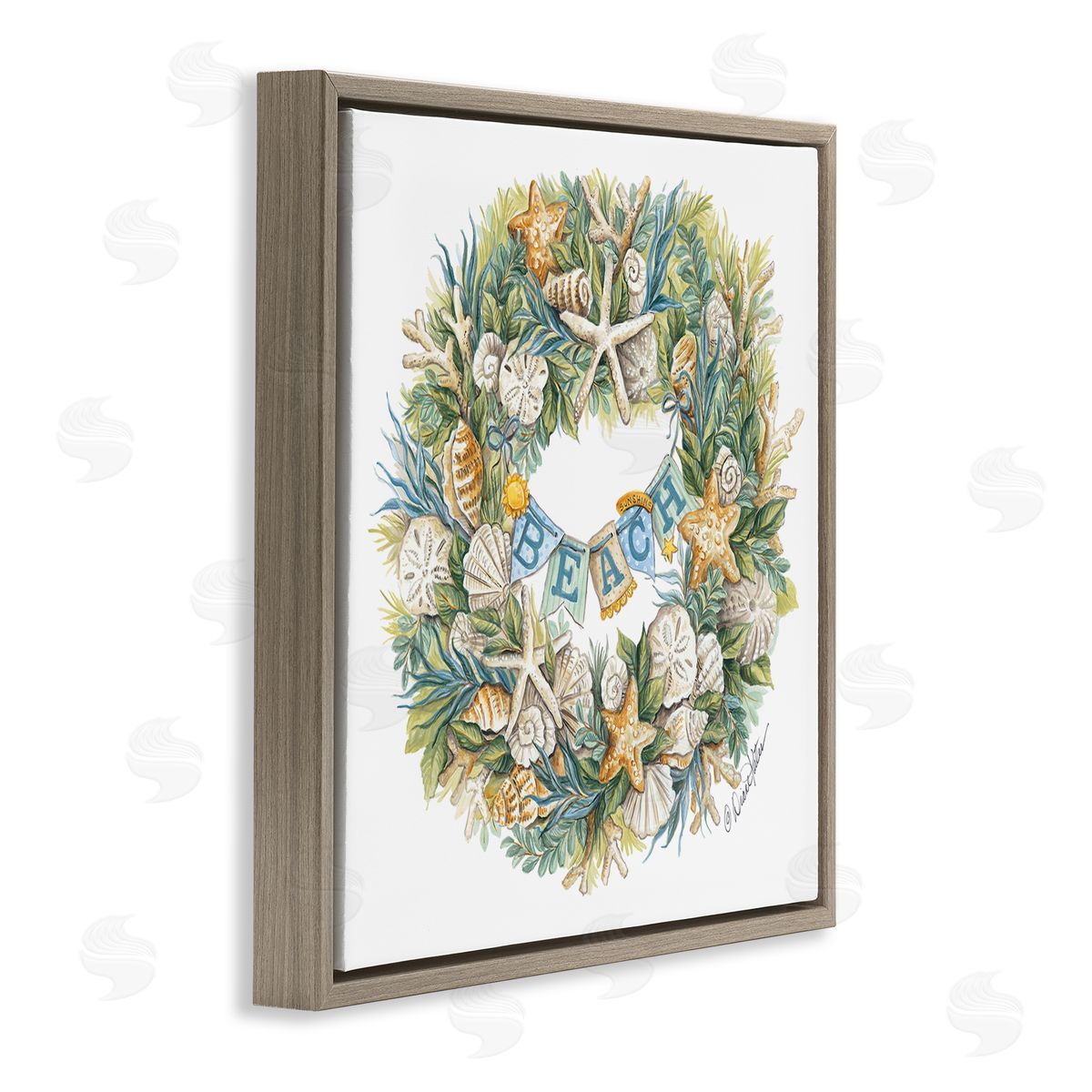 Holiday Beach Seashell Wreath Brown Floating Frame Canvas Wall Art, Home Decor by Diane Kater