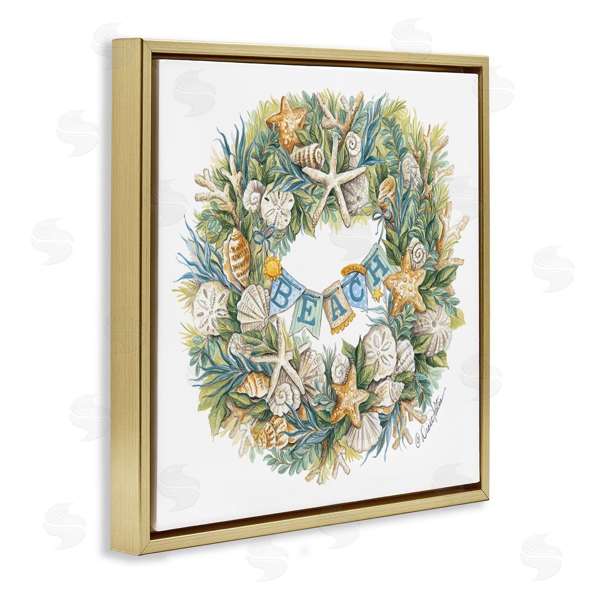 Holiday Beach Seashell Wreath Gold Floating Frame Canvas Wall Art, Home Decor by Diane Kater