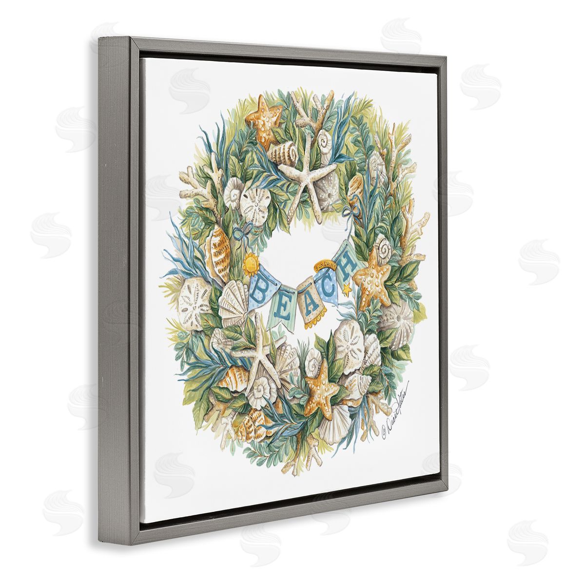 Holiday Beach Seashell Wreath Grey Floating Frame Canvas Wall Art, Home Decor by Diane Kater