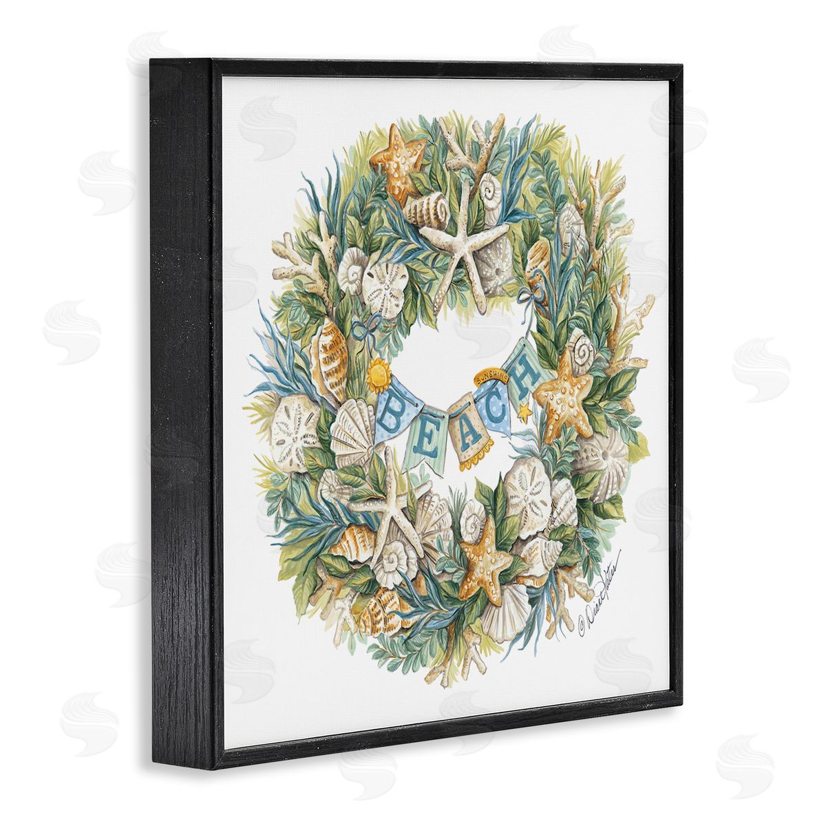 Holiday Beach Seashell Wreath Black Frame Print Wall Art, Home Decor by Diane Kater