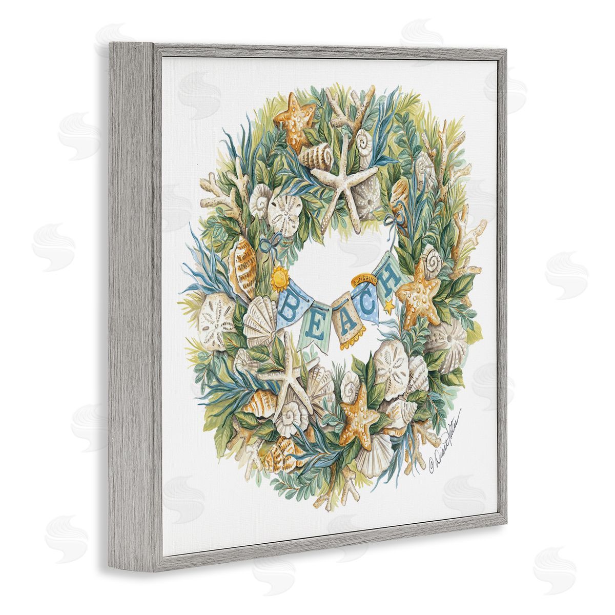 Holiday Beach Seashell Wreath Grey Frame Print Wall Art, Home Decor by Diane Kater