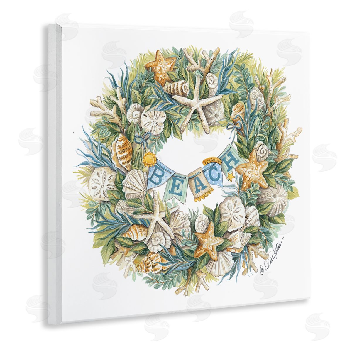 Holiday Beach Seashell Wreath Wood Plaque Wall Art, Home Decor by Diane Kater